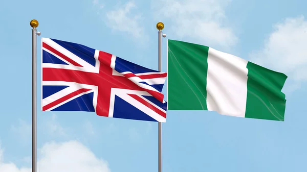 Waving Flags United Kingdom Nigeria Sky Background Illustrating International Diplomacy — Stock Photo, Image
