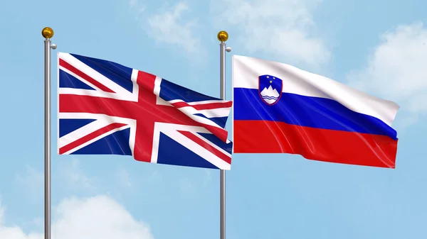 Zwaaiende Vlaggen Van Het Verenigd Koninkrijk Slovenië Luchtachtergrond Illustreren Van — Stockfoto