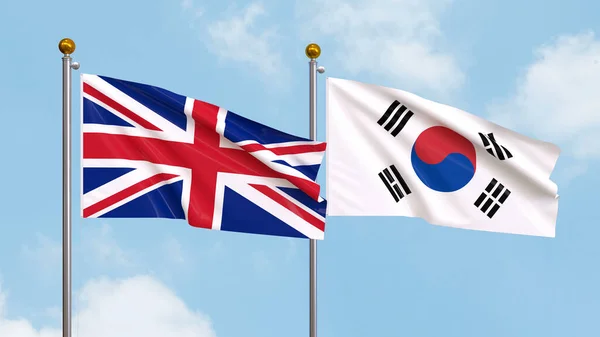 stock image Waving flags of United Kingdom and South Korea on sky background. Illustrating International Diplomacy, Friendship and Partnership with Soaring Flags against the Sky. 3D illustration