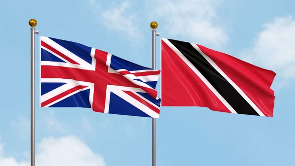 stock image Waving flags of United Kingdom and Trinidad and Tobago on sky background. Illustrating International Diplomacy, Friendship and Partnership with Soaring Flags against the Sky. 3D illustration