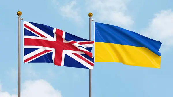 stock image Waving flags of United Kingdom and Ukraine on sky background. Illustrating International Diplomacy, Friendship and Partnership with Soaring Flags against the Sky. 3D illustration