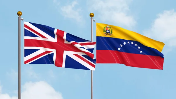 Ondeando Banderas Del Reino Unido Venezuela Fondo Del Cielo Ilustrando —  Fotos de Stock