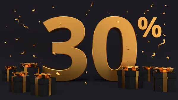 Stock image Golden banner 30 percent discount on a black background. Surrounded by gifts and golden confetti. 3d render illustration