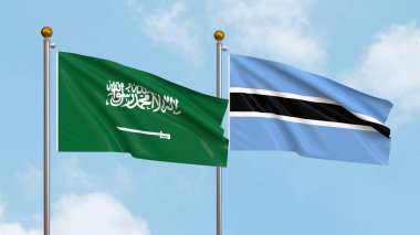 Gökyüzünde Suudi Arabistan ve Botswana bayrakları sallıyordu. Uluslararası Diplomasi, Dostluk ve Gökyüzüne Karşı Yükselen Bayraklarla Ortaklık. 3B illüstrasyon