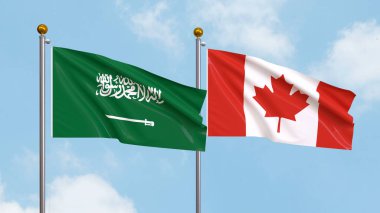 Gökyüzünde Suudi Arabistan ve Kanada bayrakları sallıyordu. Uluslararası Diplomasi, Dostluk ve Gökyüzüne Karşı Yükselen Bayraklarla Ortaklık. 3B illüstrasyon