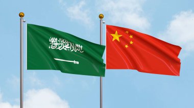 Gökyüzünde Suudi Arabistan ve Çin bayrakları sallıyordu. Uluslararası Diplomasi, Dostluk ve Gökyüzüne Karşı Yükselen Bayraklarla Ortaklık. 3B illüstrasyon