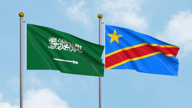Gökyüzünde Suudi Arabistan ve Demokratik Kongo Cumhuriyeti bayrakları sallıyordu. Uluslararası Diplomasi, Dostluk ve Gökyüzüne Karşı Yükselen Bayraklarla Ortaklık. 3B illüstrasyon