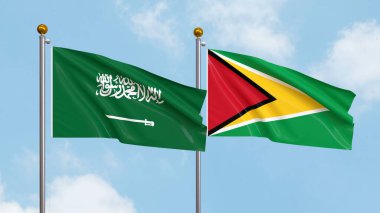 Gökyüzünde Suudi Arabistan ve Guyana bayrakları sallıyordu. Uluslararası Diplomasi, Dostluk ve Gökyüzüne Karşı Yükselen Bayraklarla Ortaklık. 3B illüstrasyon