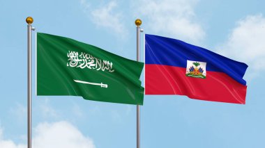 Gökyüzünde Suudi Arabistan ve Haiti bayrakları sallıyordu. Uluslararası Diplomasi, Dostluk ve Gökyüzüne Karşı Yükselen Bayraklarla Ortaklık. 3B illüstrasyon