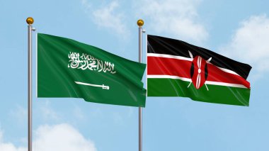 Arkaplanda Suudi Arabistan ve Kenya bayrakları sallıyor. Uluslararası Diplomasi, Dostluk ve Gökyüzüne Karşı Yükselen Bayraklarla Ortaklık. 3B illüstrasyon