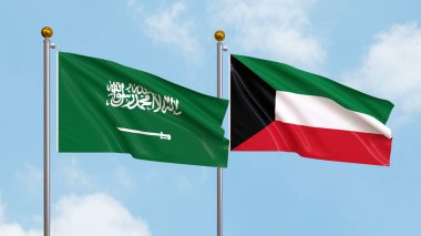 Suudi Arabistan 'ın ve Kuveyt' in bayraklarını gökyüzünde sallıyordu. Uluslararası Diplomasi, Dostluk ve Gökyüzüne Karşı Yükselen Bayraklarla Ortaklık. 3B illüstrasyon