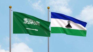 Gökyüzünde Suudi Arabistan ve Lesotho bayrakları sallıyordu. Uluslararası Diplomasi, Dostluk ve Gökyüzüne Karşı Yükselen Bayraklarla Ortaklık. 3B illüstrasyon