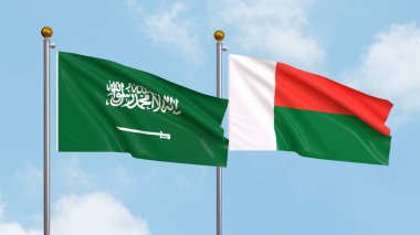 Gökyüzünde Suudi Arabistan ve Madagaskar bayrakları sallıyordu. Uluslararası Diplomasi, Dostluk ve Gökyüzüne Karşı Yükselen Bayraklarla Ortaklık. 3B illüstrasyon