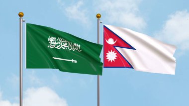 Gökyüzünde Suudi Arabistan ve Nepal bayrakları sallıyordu. Uluslararası Diplomasi, Dostluk ve Gökyüzüne Karşı Yükselen Bayraklarla Ortaklık. 3B illüstrasyon