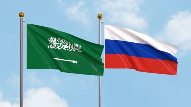 Arka planda Suudi Arabistan ve Rusya 'nın bayraklarını sallıyordu. Uluslararası Diplomasi, Dostluk ve Gökyüzüne Karşı Yükselen Bayraklarla Ortaklık. 3B illüstrasyon