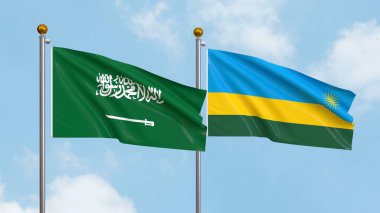 Gökyüzünde Suudi Arabistan ve Ruanda bayrakları sallıyordu. Uluslararası Diplomasi, Dostluk ve Gökyüzüne Karşı Yükselen Bayraklarla Ortaklık. 3B illüstrasyon