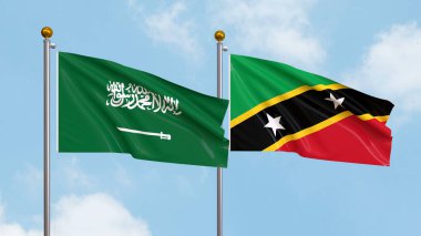 Gökyüzünde Suudi Arabistan, Saint Kitts ve Nevis bayrakları sallıyordu. Uluslararası Diplomasi, Dostluk ve Gökyüzüne Karşı Yükselen Bayraklarla Ortaklık. 3B illüstrasyon