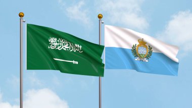 Gökyüzünde Suudi Arabistan ve San Marino bayrakları sallıyordu. Uluslararası Diplomasi, Dostluk ve Gökyüzüne Karşı Yükselen Bayraklarla Ortaklık. 3B illüstrasyon