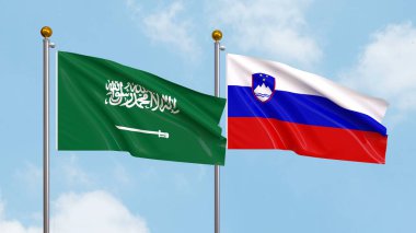 Gökyüzünde Suudi Arabistan ve Slovenya bayrakları sallıyordu. Uluslararası Diplomasi, Dostluk ve Gökyüzüne Karşı Yükselen Bayraklarla Ortaklık. 3B illüstrasyon