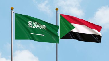 Arka planda Suudi Arabistan ve Sudan bayrakları sallıyordu. Uluslararası Diplomasi, Dostluk ve Gökyüzüne Karşı Yükselen Bayraklarla Ortaklık. 3B illüstrasyon