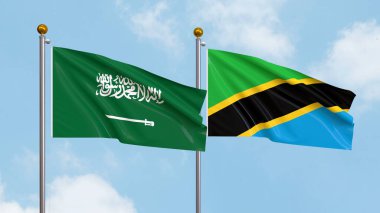 Gökyüzünde Suudi Arabistan ve Tanzanya bayrakları sallıyordu. Uluslararası Diplomasi, Dostluk ve Gökyüzüne Karşı Yükselen Bayraklarla Ortaklık. 3B illüstrasyon