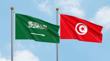 Gökyüzünde Suudi Arabistan ve Tunus 'un bayraklarını sallıyordu. Uluslararası Diplomasi, Dostluk ve Gökyüzüne Karşı Yükselen Bayraklarla Ortaklık. 3B illüstrasyon
