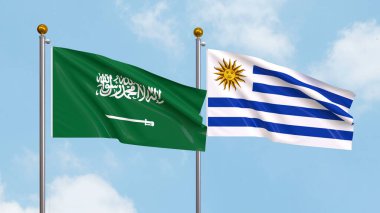 Gökyüzünde Suudi Arabistan ve Uruguay bayrakları sallıyordu. Uluslararası Diplomasi, Dostluk ve Gökyüzüne Karşı Yükselen Bayraklarla Ortaklık. 3B illüstrasyon