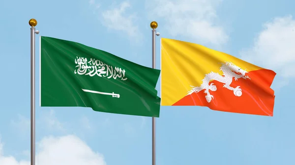 Drapeaux Arabie Saoudite Bhoutan Sur Fond Ciel Illustration Diplomatie Internationale — Photo