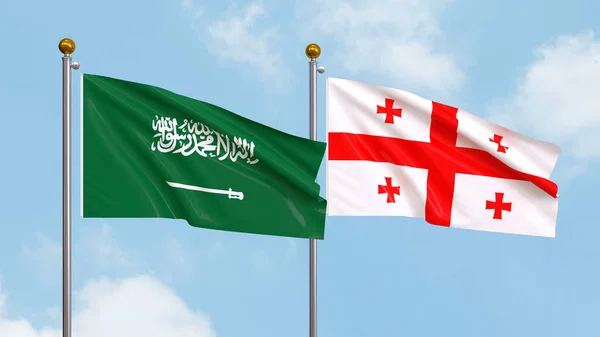 Drapeaux Arabie Saoudite Géorgie Sur Fond Ciel Illustration Diplomatie Internationale — Photo