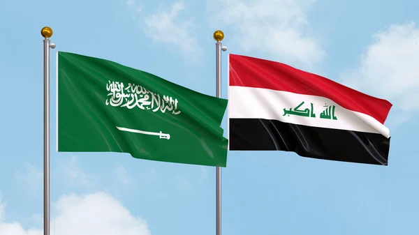 stock image Waving flags of Saudi Arabia and Iraq on sky background. Illustrating International Diplomacy, Friendship and Partnership with Soaring Flags against the Sky. 3D illustration