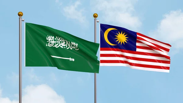 Размахивание Флагами Саудовской Аравии Малайзии Фоне Неба Illustrating International Diplomacy — стоковое фото