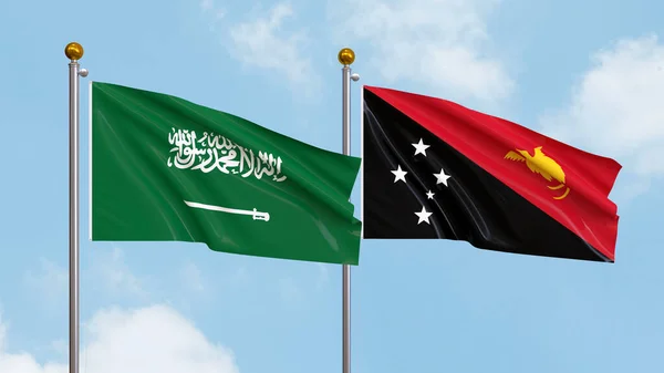Drapeaux Arabie Saoudite Papouasie Nouvelle Guinée Sur Fond Ciel Illustration — Photo