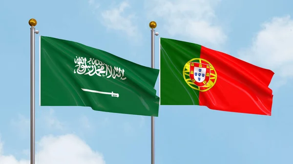 Размахивание Флагами Саудовской Аравии Португалии Фоне Неба Illustrating International Diplomacy — стоковое фото