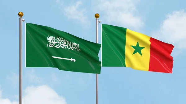 stock image Waving flags of Saudi Arabia and Senegal on sky background. Illustrating International Diplomacy, Friendship and Partnership with Soaring Flags against the Sky. 3D illustration