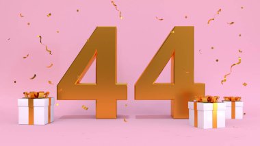 Doğum günün kutlu olsun 44. yaşının 3D versiyonu. Doğum günü yıldönümü, hediye unsurları. 3D resim, pembe renk