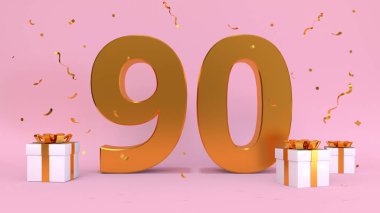 Doksan yılın 3D doğum günü görüntüsü. Doğum günü yıldönümü, hediye unsurları. 3D resim, pembe renk