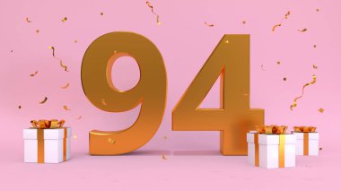 Doksan dört yılın üç boyutlu doğum günü görüntüsü. Doğum günü yıldönümü, hediye unsurları. 3D resim, pembe renk