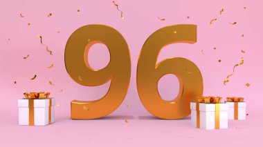 Doksan altı yılın üç boyutlu doğum günü görüntüsü. Doğum günü yıldönümü, hediye unsurları. 3D resim, pembe renk