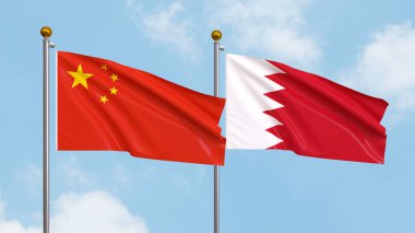 Arka planda Çin ve Bahreyn bayrakları sallıyordu. Uluslararası Diplomasi, Dostluk ve Gökyüzüne Karşı Yükselen Bayraklarla Ortaklık. 3B illüstrasyon