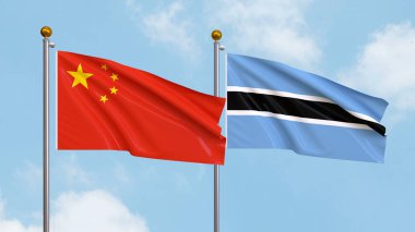 Gökyüzünde Çin ve Botswana bayrakları sallıyordu. Uluslararası Diplomasi, Dostluk ve Gökyüzüne Karşı Yükselen Bayraklarla Ortaklık. 3B illüstrasyon