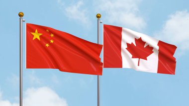 Gökyüzünde Çin ve Kanada bayrakları sallıyordu. Uluslararası Diplomasi, Dostluk ve Gökyüzüne Karşı Yükselen Bayraklarla Ortaklık. 3B illüstrasyon