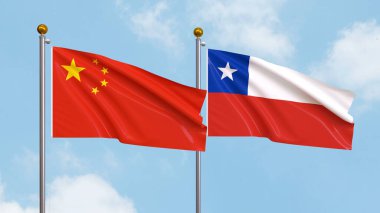 Çin ve Şili 'nin bayraklarını gökyüzünde sallıyordu. Uluslararası Diplomasi, Dostluk ve Gökyüzüne Karşı Yükselen Bayraklarla Ortaklık. 3B illüstrasyon