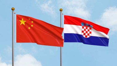 Çin ve Hırvatistan 'ın bayraklarını gökyüzünde sallıyorlardı. Uluslararası Diplomasi, Dostluk ve Gökyüzüne Karşı Yükselen Bayraklarla Ortaklık. 3B illüstrasyon