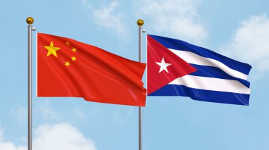 Arka planda Çin ve Küba bayrakları sallıyordu. Uluslararası Diplomasi, Dostluk ve Gökyüzüne Karşı Yükselen Bayraklarla Ortaklık. 3B illüstrasyon