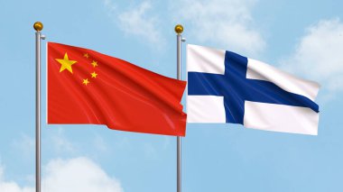 Çin ve Finlandiya 'nın bayraklarını gökyüzünde sallayarak. Uluslararası Diplomasi, Dostluk ve Gökyüzüne Karşı Yükselen Bayraklarla Ortaklık. 3B illüstrasyon