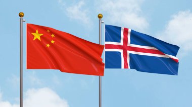 Gökyüzünde Çin ve İzlanda bayrakları sallıyordu. Uluslararası Diplomasi, Dostluk ve Gökyüzüne Karşı Yükselen Bayraklarla Ortaklık. 3B illüstrasyon