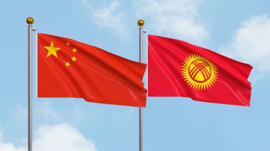 Gökyüzünde Çin ve Kırgızistan bayrakları sallıyordu. Uluslararası Diplomasi, Dostluk ve Gökyüzüne Karşı Yükselen Bayraklarla Ortaklık. Üç boyutlu illüstrasyon. Tarihi bayrak