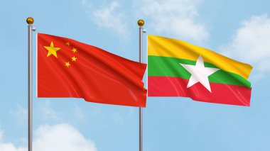 Arka planda Çin ve Myanmar bayrakları sallıyordu. Uluslararası Diplomasi, Dostluk ve Gökyüzüne Karşı Yükselen Bayraklarla Ortaklık. 3B illüstrasyon