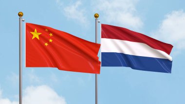 Gökyüzünde Çin ve Hollanda bayrakları sallıyordu. Uluslararası Diplomasi, Dostluk ve Gökyüzüne Karşı Yükselen Bayraklarla Ortaklık. 3B illüstrasyon