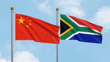 Gökyüzü arka planında Çin ve Güney Afrika bayrakları sallıyordu. Uluslararası Diplomasi, Dostluk ve Gökyüzüne Karşı Yükselen Bayraklarla Ortaklık. 3B illüstrasyon